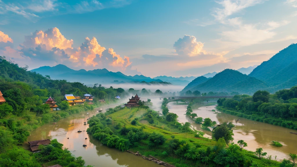 Natural beauty, Ancient village of Thailand. river, mountain. cloud, Temple. Aerial view,mystical beauty, 8k