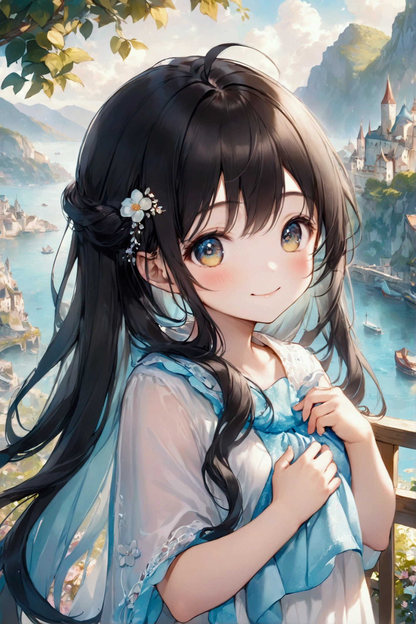(Highest quality, 8k, 32K, masterpiece, Ultra-high resolution,:1.2),to be born, One Girl,So cute , eye, Multicolored Hair, Black Hair, Fantasyな背景, clear, 輝くeye, Age 25 ,Fair skin, Girl with black hair, Beautiful long hair, An innocent smile, Fantasy, Cute smile, looks fun