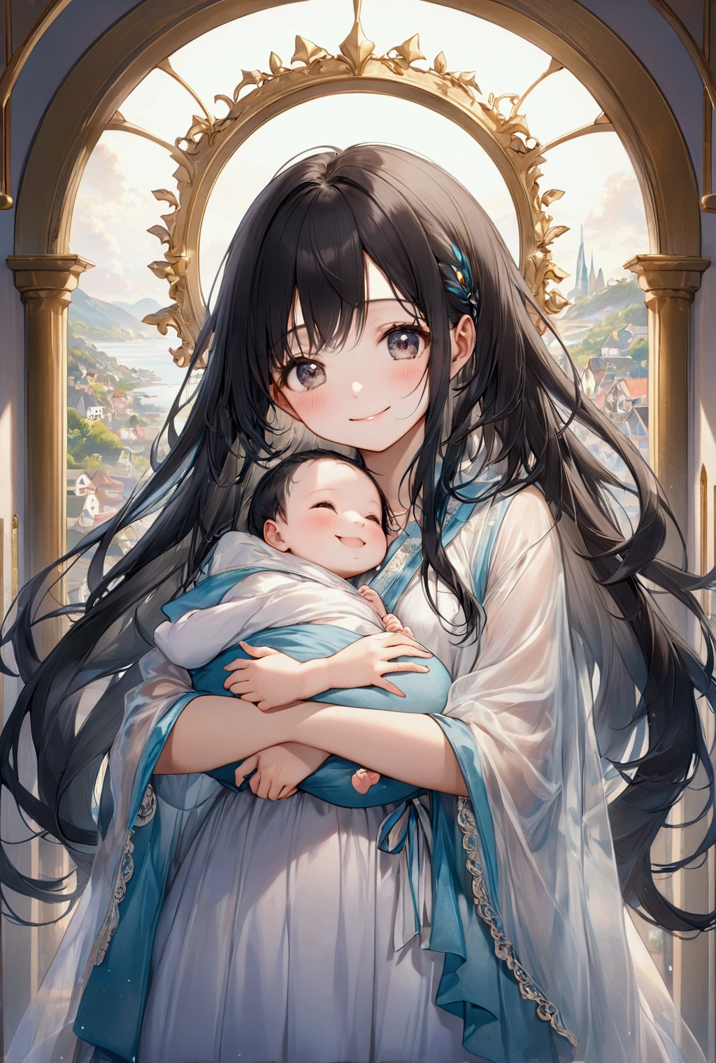 (Highest quality, 8k, 32K, masterpiece, Ultra-high resolution,:1.2),to be born, One Girl,So cute , eye, Multicolored Hair, Black Hair, Fantasyな背景, clear, 輝くeye, Age 25 ,Fair skin, Girl with black hair, Beautiful long hair, An innocent smile, Fantasy, Cute smile, looks fun