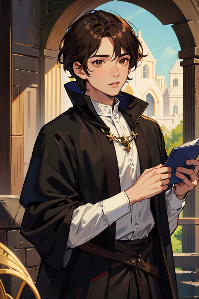 male, man, dark brown hair, short hair, brown eyes, fantasy, medieval clothes, mage, magic