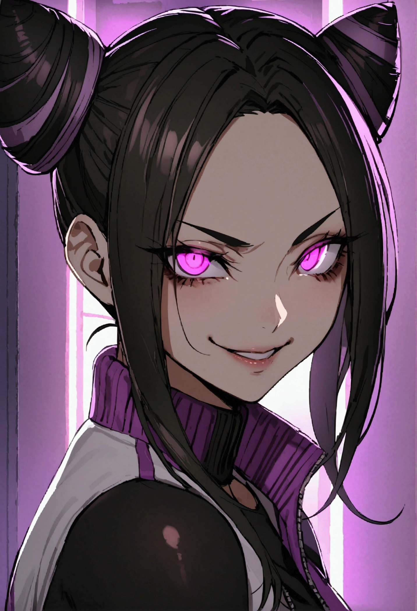 dark eye shadow,shining eyes,beautiful young fitness woman with , in a gym wearing May with black pantyhose, tight white and purple gym jacket. standing alone,hair horns,glowing purple eyes,Evil smile,legging preto ,labiaa,dark eye shadow,shining eyes,close up