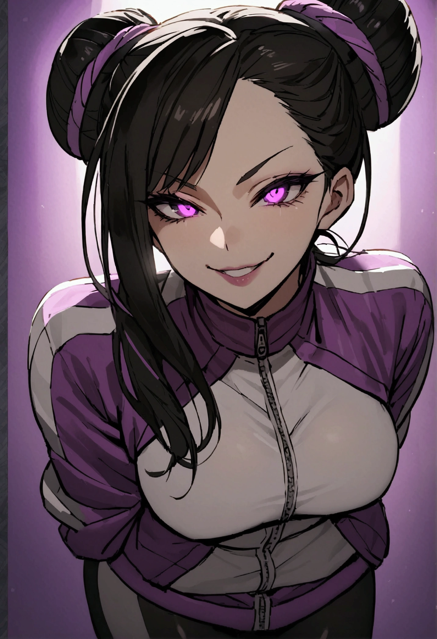 dark eye shadow,shining eyes,beautiful young fitness woman with , in a gym wearing May with black pantyhose, tight white and purple gym jacket. standing alone,hair horns,glowing purple eyes,Evil smile,legging preto ,labiaa,dark eye shadow,shining eyes,close up