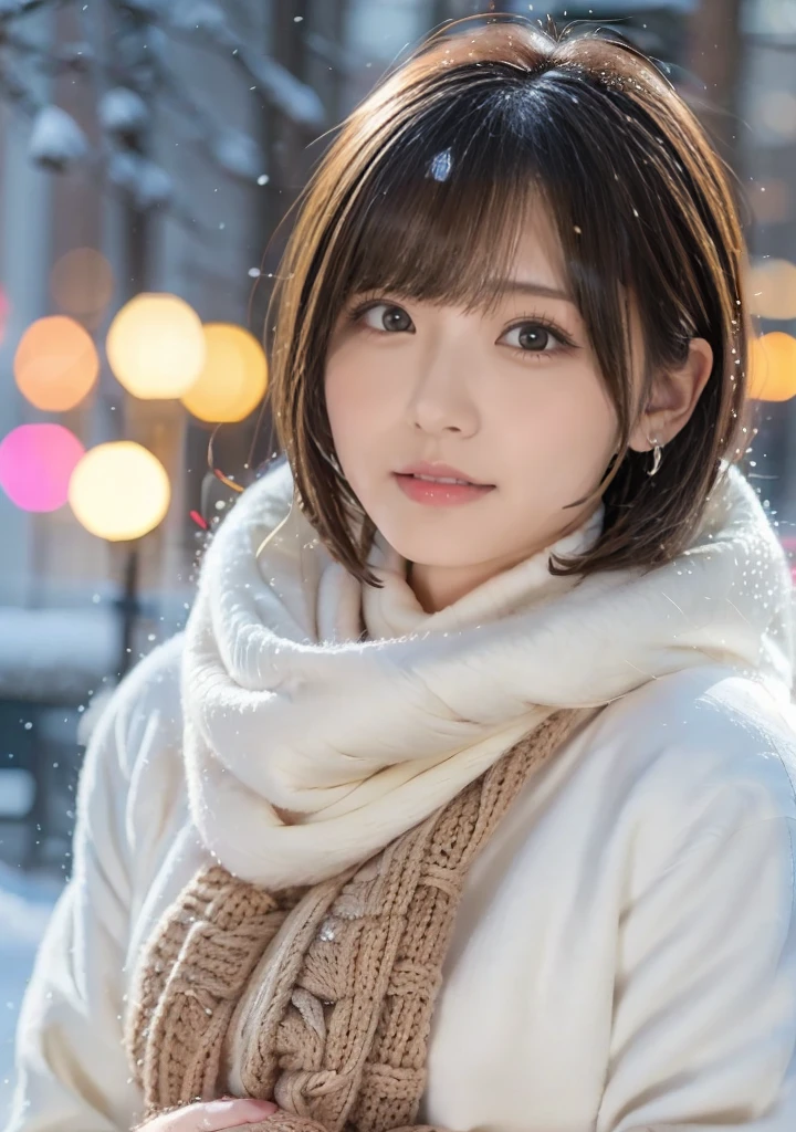 Fluffy scarf、Medium Short Hair、White breath expression、Photo from the waist up、Night city illumination shot、Cowgirl Shot、Fur coat、豪華なグレーのミンクのFur coat、Wear good leather boots、Luxury Bags、Inner turtleneck、Silver necklace and small silver earrings Millionaire style:1.4))、Full body photo、smile、 Caustics、Highly detailed photos、Very beautiful woman 、Ample breasts、No makeup、(8k、RAW Photos、Highest quality、masterpiece:1.2)、(Realistic、Realistic)、1 girl、((Medium Short Hair、Midwinter、Cold region Snow falling、The wind is blowing、Fluttering Hair、Blur the background、Colorful illuminations、Looking into the camera:1.4))、