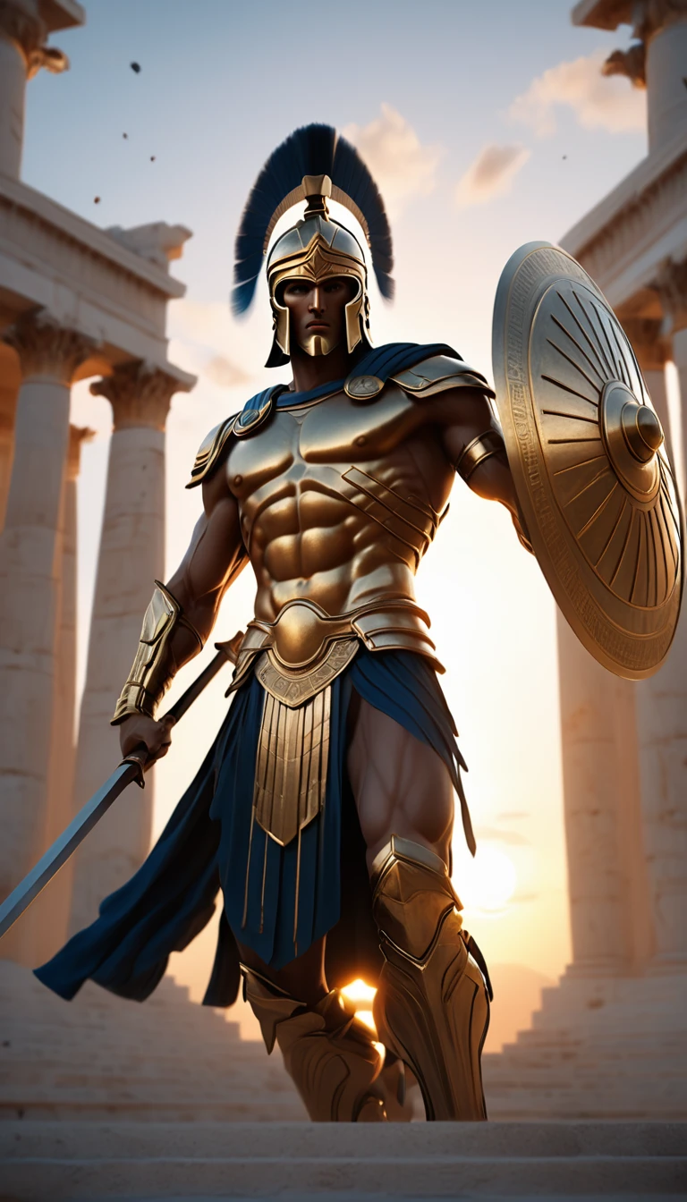 Ancient Greek art,3D Rendering,Unreal Engine,Transhumanist,4K resolution,From the front,very beautiful,fantasy,黄金时段的Sunset照片,spartan warrior,Ancient Greek palace,war,Male Warrior,ancient,From below,long shoot,Wide Angle,Motion Blur,Telephoto lens,Sunset,Extremely high resolution,Adding details