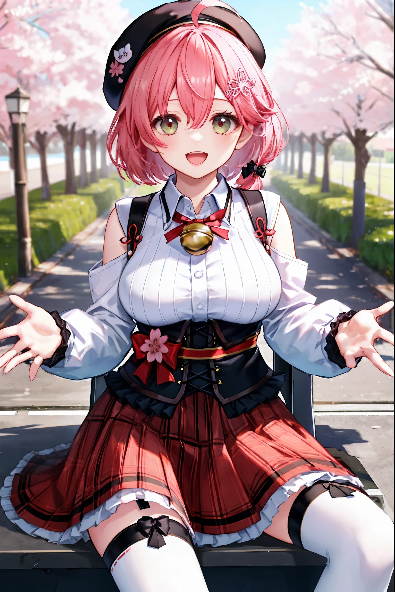 masutepiece, Best_Quality, hight_resolution, miko2,Ponytail, 1girl, Ahoge, black headwear, Hair Ornament, White shirt, black thighhighs, Pink hair, Red_skirt, very_short_skirt, plaid skirts, garter_strap, Collared shirt, hair clips, frilld, Bangs, hair between eye, frills skirt, beret, Pleated skirt, Hair Flower, Neck bell, , puffy long sleeves, Black bow, Underbust, Smile, (large_breasts:1.3),covered_nipples, green_eyes, happy, dynamic_angle,spread_legs,(big_smile:1.2),plump,open_mouth,shout,half_eyes,cherryblossom_park_landscape_background,