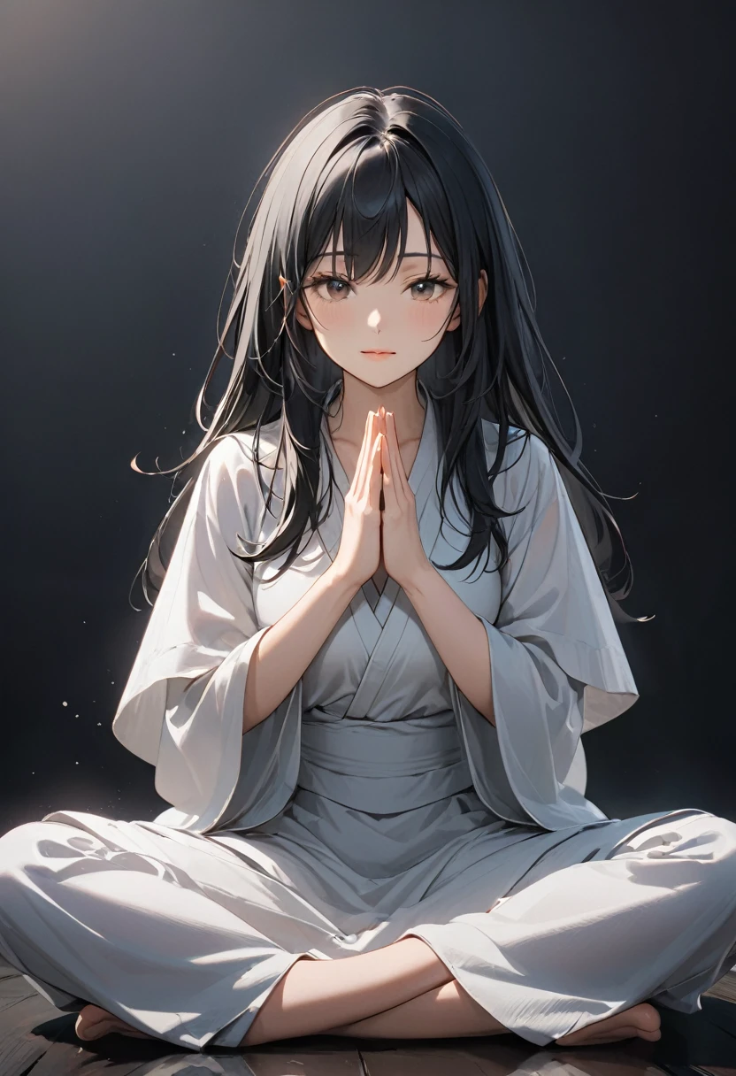 A woman with long black hair sitting cross-legged, meditating with a serene expression on her face, against a black background. She has a beautiful face and is in a relaxed, peaceful pose
