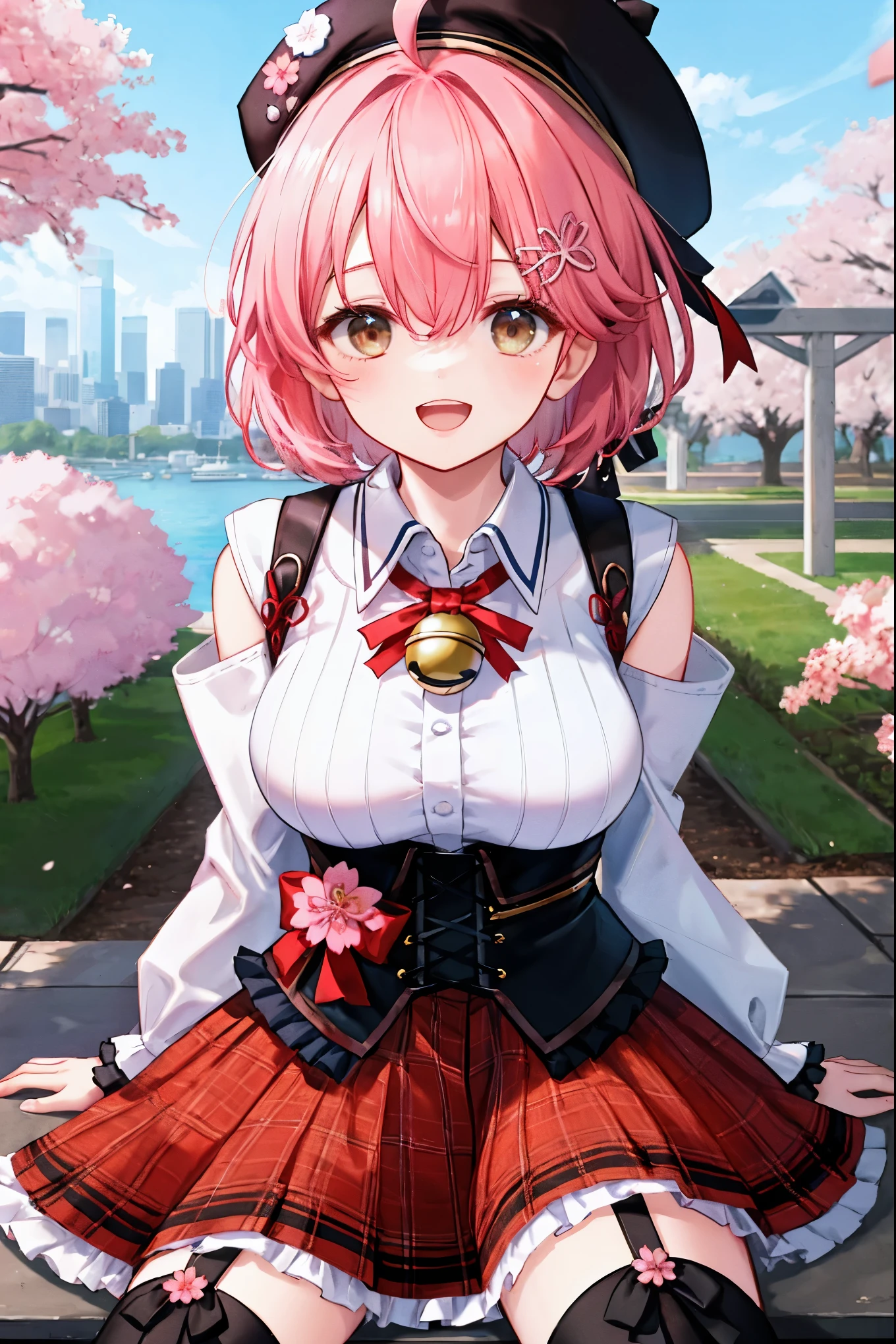 masutepiece, Best_Quality, hight_resolution, miko2,Ponytail, 1girl, Ahoge, black headwear, Hair Ornament, White shirt, black thighhighs, Pink hair, Red_skirt, very_short_skirt, plaid skirts, garter_strap, Collared shirt, hair clips, frilld, Bangs, hair between eye, frills skirt, beret, Pleated skirt, Hair Flower, Neck bell, , puffy long sleeves, Black bow, Underbust, Smile, (large_breasts:1.3),covered_nipples, green_eyes, happy, dynamic_angle,spread_legs,(big_smile:1.2),plump,open_mouth,shout,half_eyes,cherryblossom_park_landscape_background,