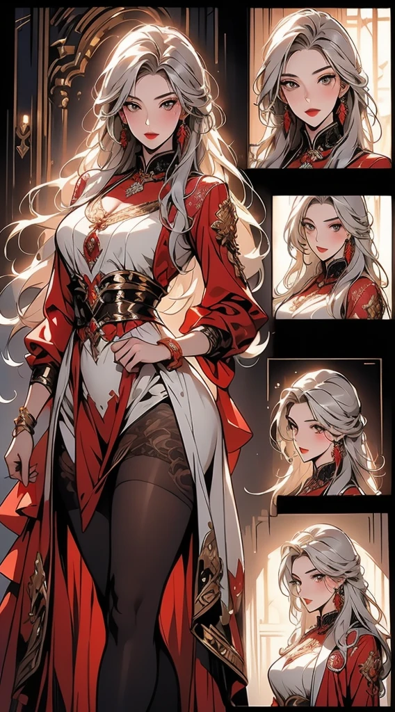 ((Masterpiece, Highest quality)), Detailed face, CharacterDesignSheet,full bodyesbian, Full of details, Multiple poses and expressions, Highly detailed, Depth, Many parts,beuaty girl,cinmatic lighting,with light glowing,Red and gold,Phoenix decoration,light yarn,Lace,lacepantyhose,high-heels