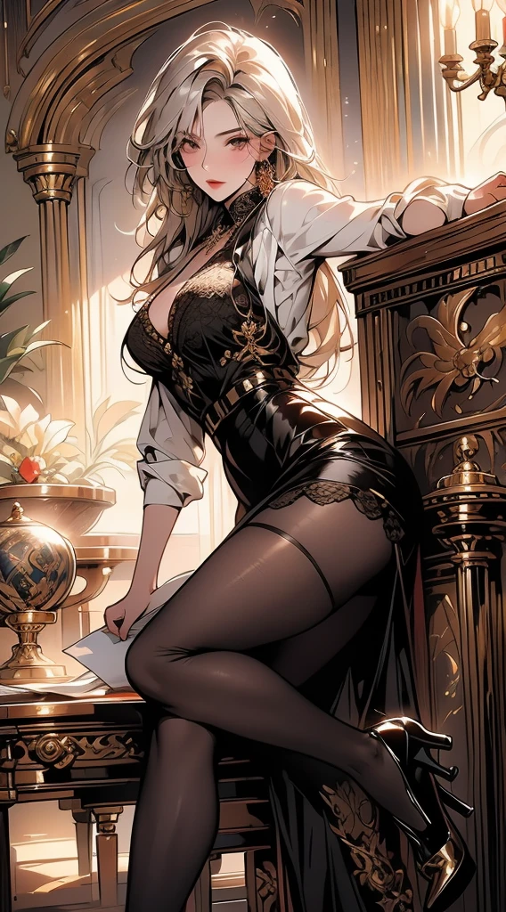 ((Masterpiece, Highest quality)), Detailed face, CharacterDesignSheet，full bodyesbian, Full of details, Multiple poses and expressions, Highly detailed, Depth, Many parts，beuaty girl，cinmatic lighting，with light glowing，Red and gold，Phoenix decoration，light yarn，Lace，lacepantyhose，high-heels