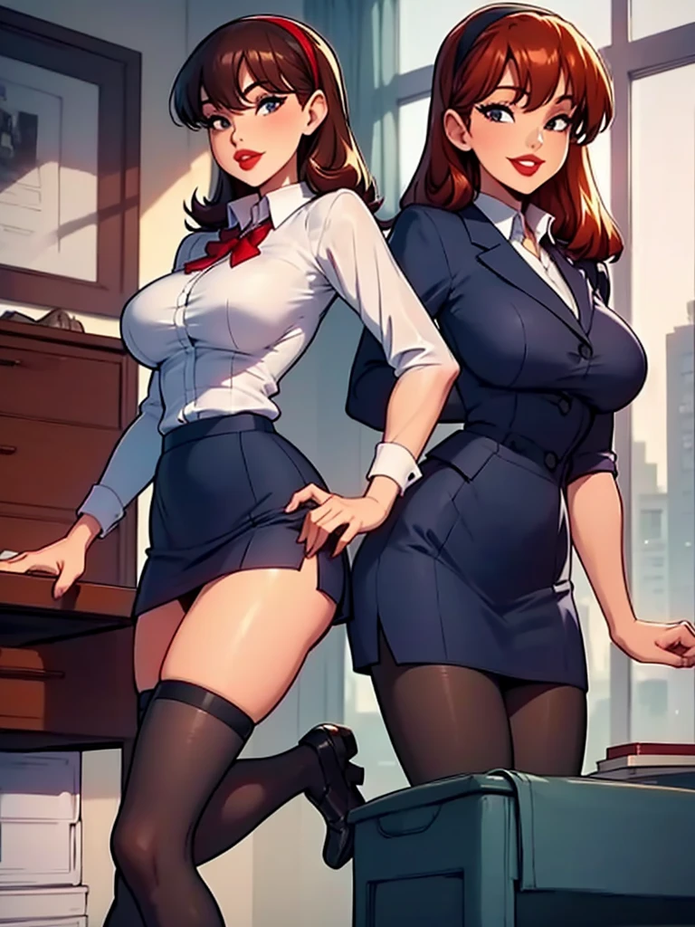 Sharona, wearing a navy office suit, white shirt, navy skirt,red lips,hairband, black tights, high quality, 