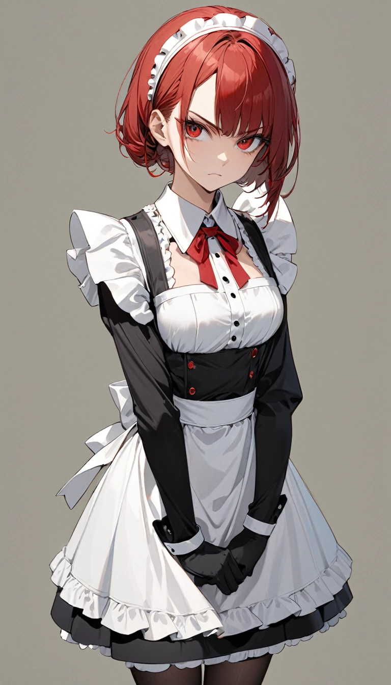 (masterpiece, best quality, super detailed, beautiful eyes beautiful details eyes, Clean and delicate face), solo, (Red bob hair, red eyes), (maid costume, white maid headband), thigh, black gloves, army boots, (whole body, standing posture, glaring at the viewer), simple background