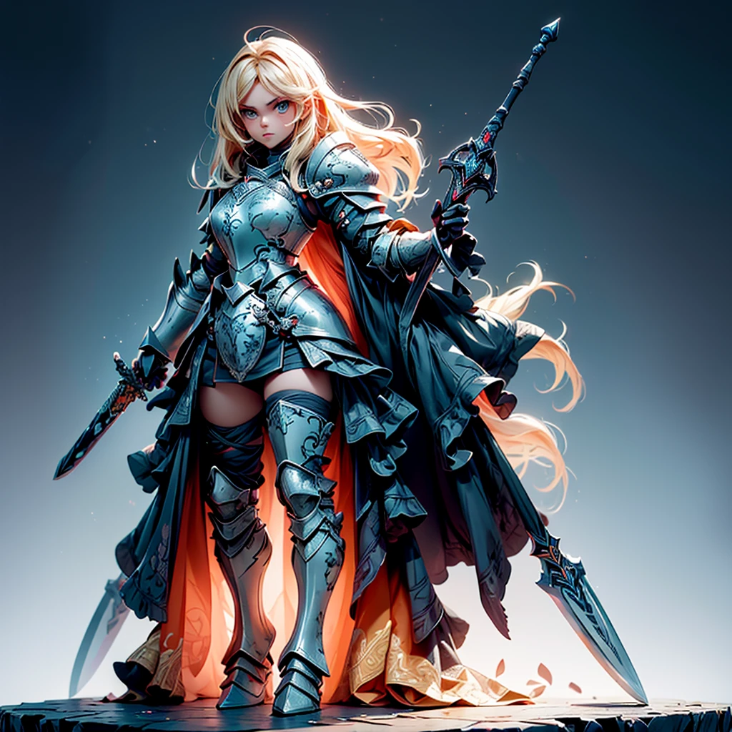 Design a layout showcase Gaming character, (1girl). Golden+Purle full body armor, stylish and unique, ((showcase weapon:1.4)), magic staff, (masterpiece:1.2), (best quality), 4k, ultra-detailed, (Step by step design, layout art:1.5), (luminous lighting, atmospheric lighting), magican, ((glove full hands)), (((revealing armor:1.3))), vambraces, armored legwear, (((full_body_shot:1.4)))