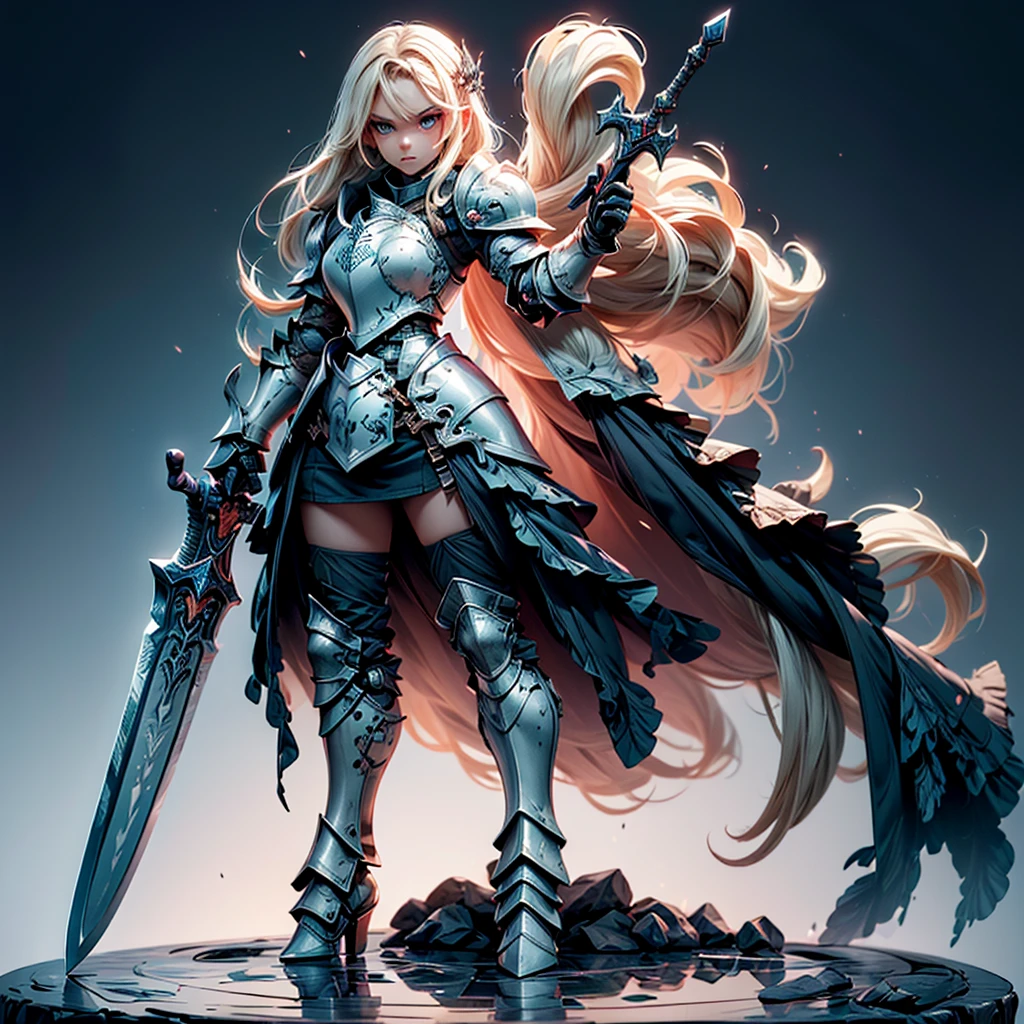 Design a layout showcase Gaming character, (1girl). Golden+Purle full body armor, stylish and unique, ((showcase weapon:1.4)), magic staff, (masterpiece:1.2), (best quality), 4k, ultra-detailed, (Step by step design, layout art:1.5), (luminous lighting, atmospheric lighting), magican, ((glove full hands)), (((revealing armor:1.3))), vambraces, armored legwear, (((full_body_shot:1.4)))
