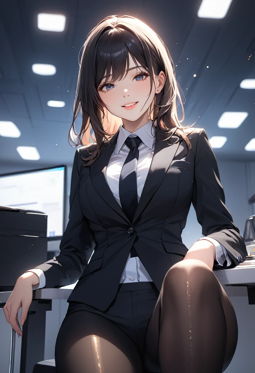 (masterpiece:1.5),(Beat quality),(high res),1girl solo,beautiful face,smilelight effects,Suit black hose women,office