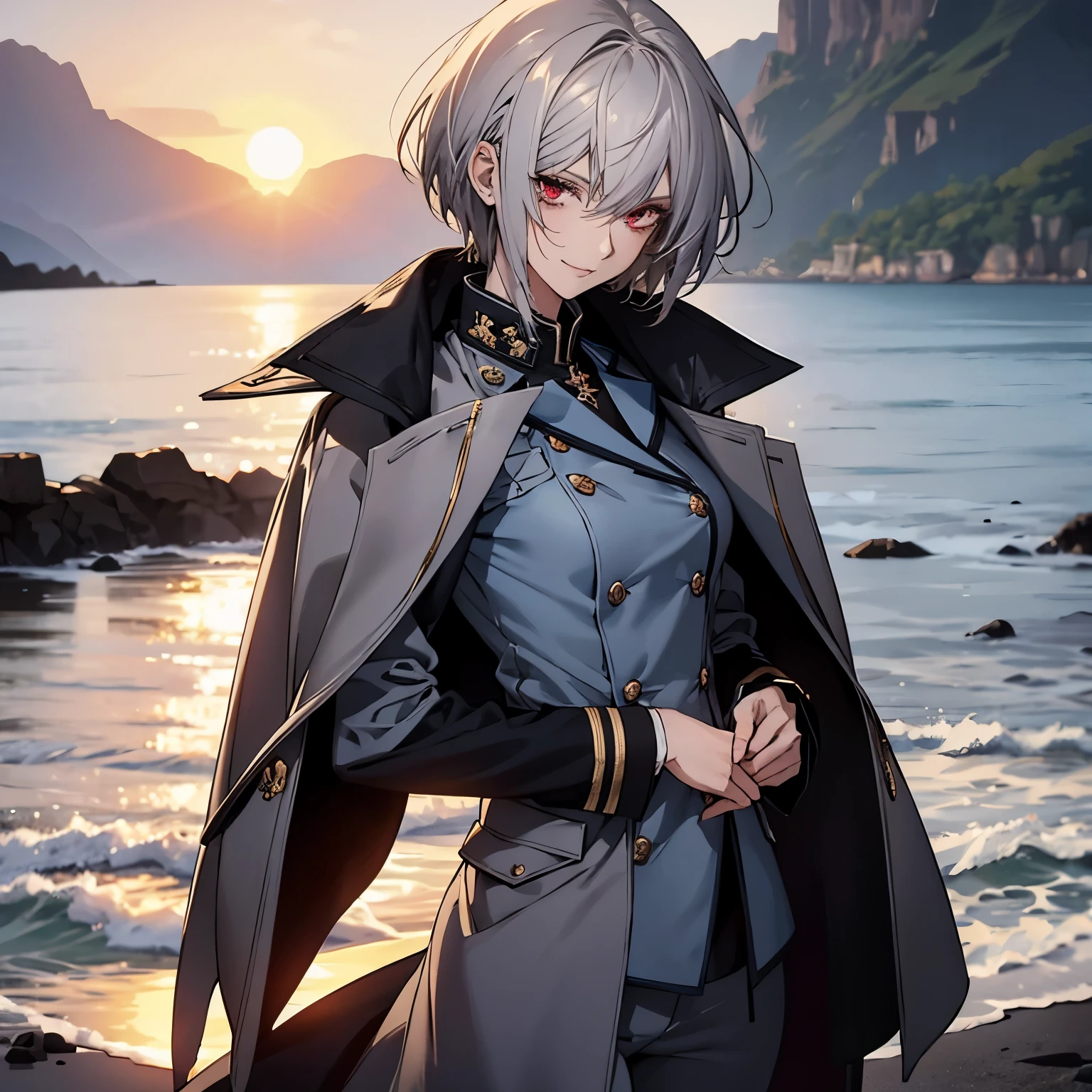 (Confused, High resolution, Very detailed), 1 female, Silver Hair,Short Hair,Bright red eyes,White and blue military uniform,24th generation,beauty,mature,thin,quiet,Calm,A small smile,A kind smile,In front of people you like,Long coat,Slender and thin,boots,skinny pants,Sea at dawn,Small breasts,