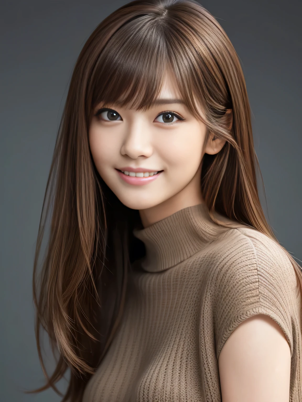 masterpiece, best quality, ultra-detailed, intricately detailed hyperdetailed, realistic, sharp features, highly detailed, sharp focus, Realistic, Photorealistic:1.3, (:1.3), perfect face, perfect symmetrically eyes, perfect full lips, hyper detailed, hyper realistic, high resolution, Fashion Model, Japanese Idol, Slender, brown hair, Stylish, model poses, Beautiful Face, light brown hair, messy hair, asymmetrical bangs, (grin:1.2), (looking at viewer), cinematic lighting, grey background, (Black knit:1.2), portrait