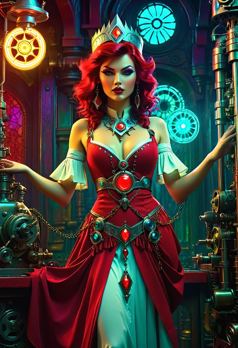 Ava Red, the Wizard of Magical Colors, mechanical priestess, Honky Tonk Girl, Fantasy movie, Moody lighting, Hyper detailed, Retro colors