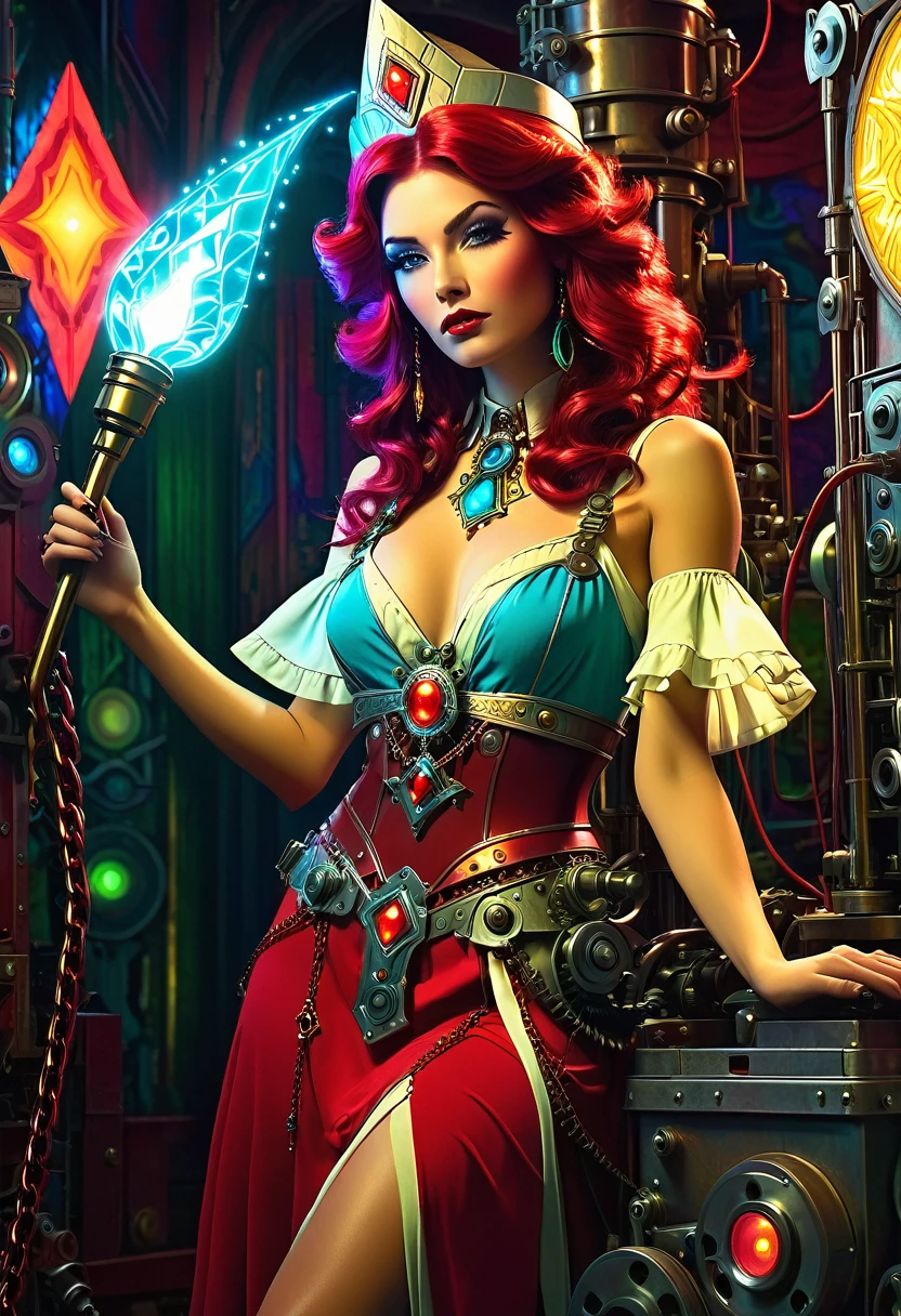 Ava Red, the Wizard of Magical Colors, mechanical priestess, Honky Tonk Girl, Fantasy movie, Moody lighting, Hyper detailed, Retro colors