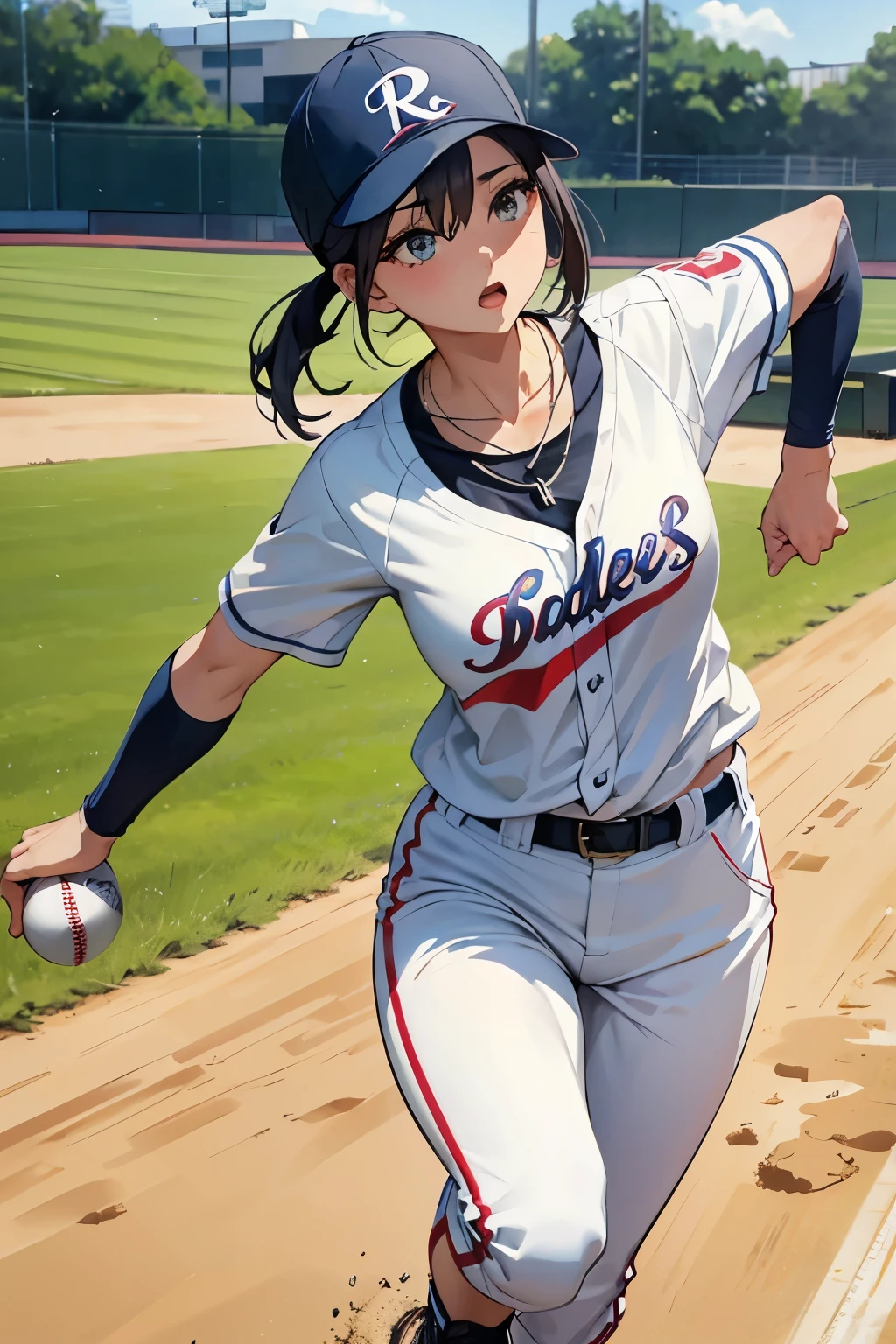 baseball、Beautiful mature woman、Go around the base、Run、necklace、Throw the ball with your right hand、Close your mouth、White ball