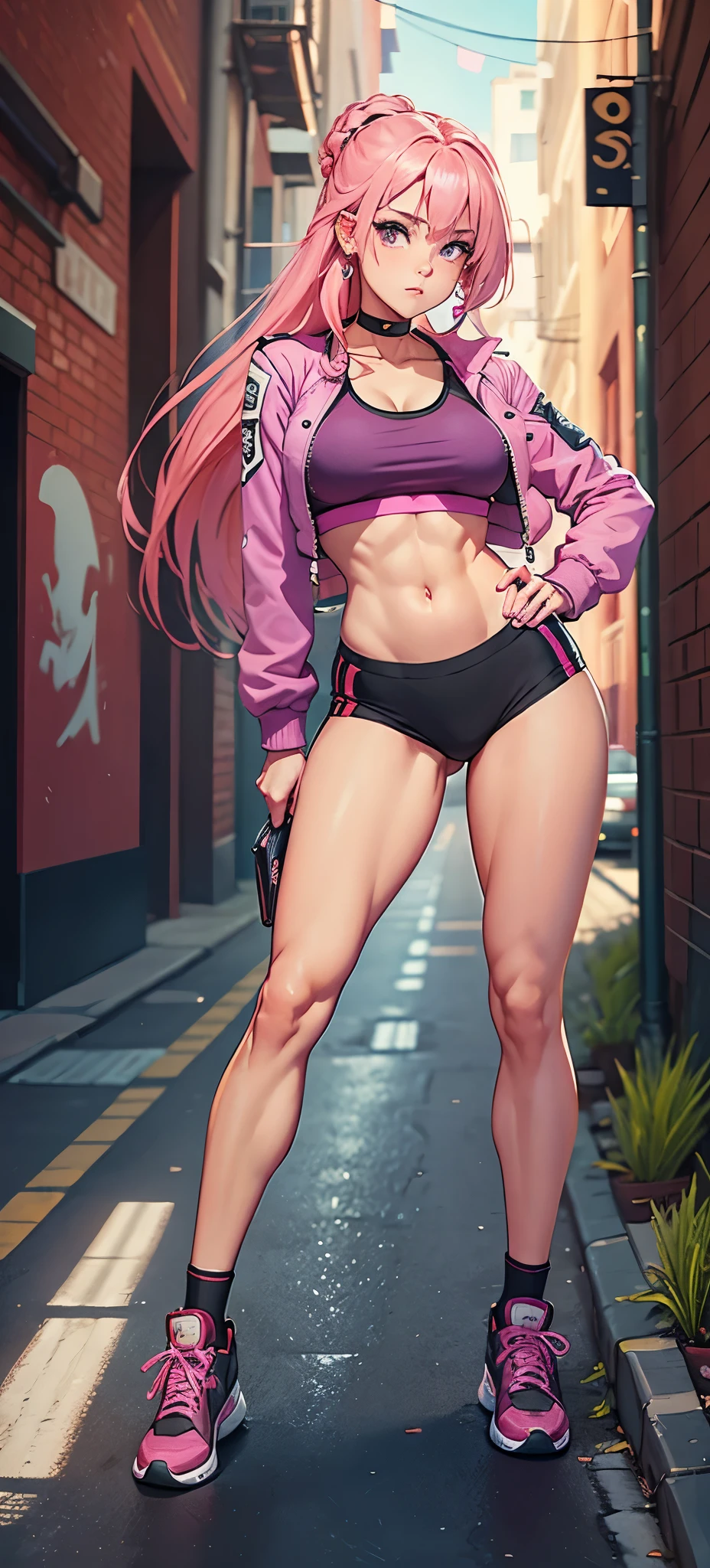 (masterpiece, best quality, 1girl, solo, intricate details, chromatic aberration), realistic, ((medium breath)),long hair, pink hair, red head ornament, pink highlights, hair over one eye,purple eyes, earrings, sharp eyes, choker, neon shirt, open jacket, crop top, (symmetry eyes),(perfect symmetrical body),against wall, brick wall, graffiti, dim lighting, alley ,look at viewer, woman at a gym, cute, front Pose, fitness girl, standing, Pose, symetrical, fitness model, skinny, Red sneakers, best qualityer, relaxed arms, hands down, ankle, fullbody view, stand straight with your back upright. Keep your shoulders back and maintain a straight line from your head to your feet. Full body overview, feets close, symmetrical front, head straight to the viewer