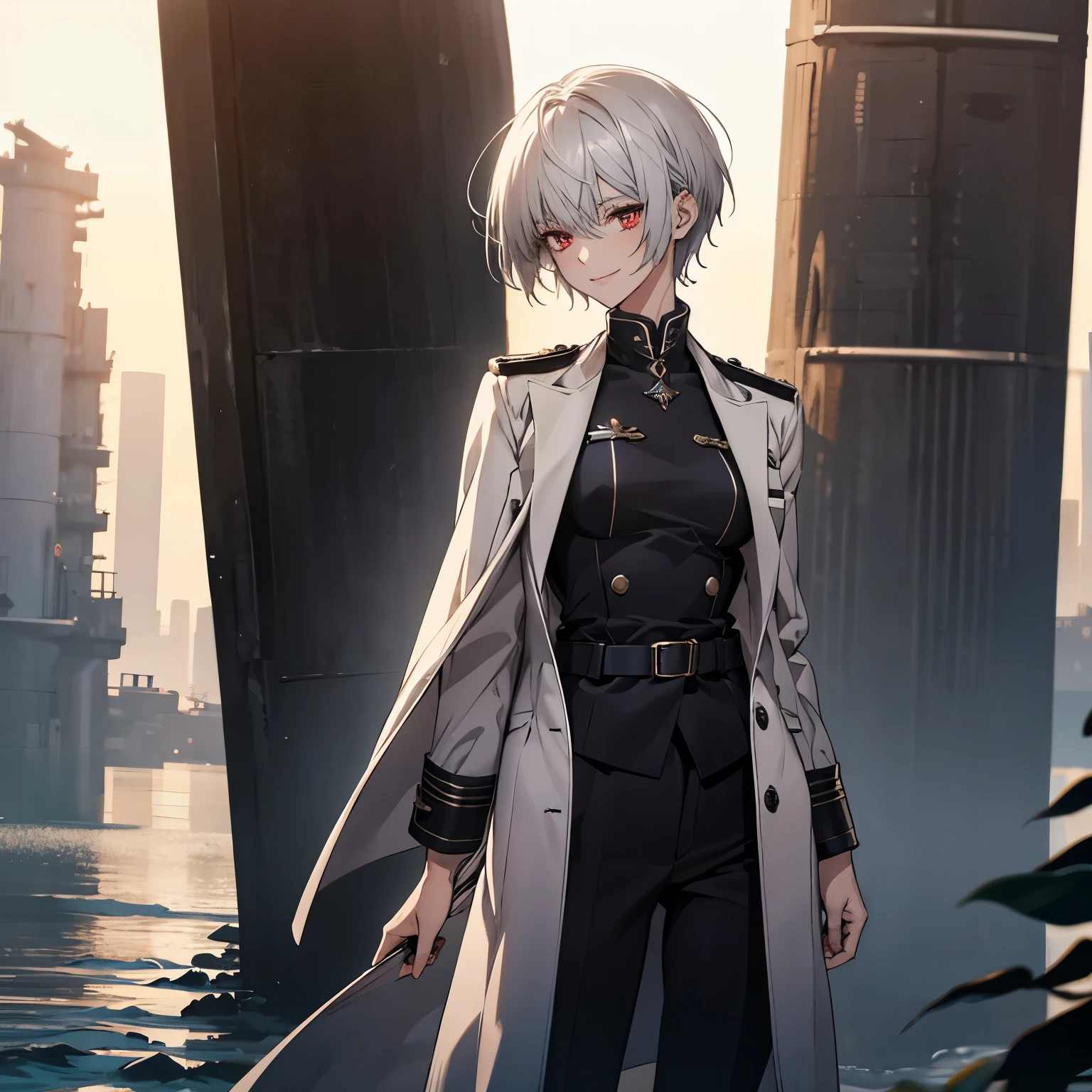 (Confused, High resolution, Very detailed), 1 female, Silver Hair,Short Hair,Bright red eyes,White and blue military uniform,24th generation,beauty,mature,thin,quiet,Calm,A small smile,A kind smile,In front of people you like,Long coat,Slender and thin,boots,skinny pants,Sea at dawn,Small breasts,