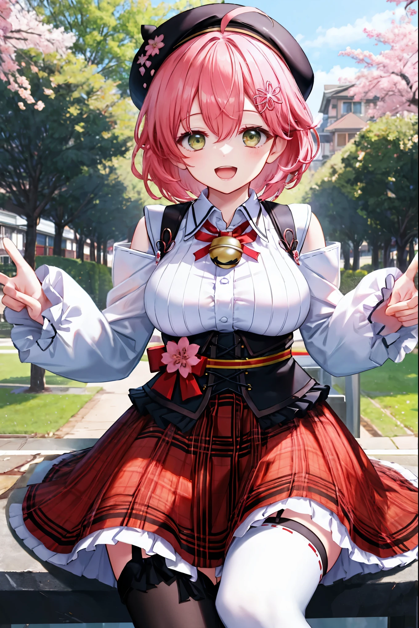 masutepiece, Best_Quality, hight_resolution, miko2,Ponytail, 1girl, Ahoge, black headwear, Hair Ornament, White shirt, black thighhighs, Pink hair, Red_skirt, very_short_skirt, plaid skirts, garter_strap, Collared shirt, hair clips, frilld, Bangs, hair between eye, frills skirt, beret, Pleated skirt, Hair Flower, Neck bell, , puffy long sleeves, Black bow, Underbust, Smile, (large_breasts:1.3),covered_nipples, green_eyes, happy, dynamic_angle,spread_legs,(big_smile:1.2),plump,open_mouth,shout,half_eyes,cherryblossom_park_landscape_background,