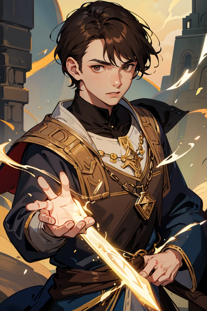 male, man, dark brown hair, short hair, brown eyes, fantasy, medieval clothes, mage, magic