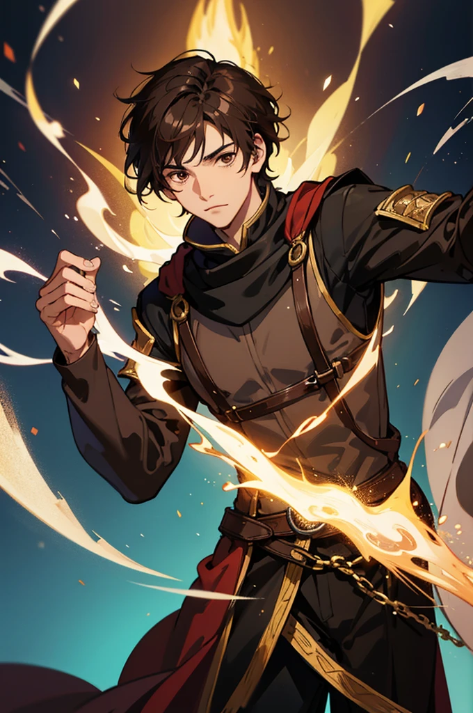 male, man, dark brown hair, short hair, brown eyes, fantasy, medieval clothes, mage, magic