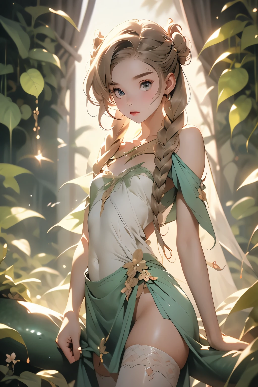 ((best quality)), ((masterpiece)), (detailed), 1girl, off-shoulder, little tribal,(((little ,small))),(round face),(little chest),(big forhead:1.2),(beautiful big eyes:1.3),extremely detailed cute anime face, (((flat chest))),((((long twin braids,tight braids,long braid,braided hair,long hime cut,colored inner hair)))),intricate eyes,beautiful detailed eyes,symmetrical eyes,((((lustrous skin:1.5,bright skin: 1.5,shiny skin,very shiny skin,shiny body,Reflective skin)))),(((detailed face))),beautiful detailed lips,(nsfw)), ((loincloth upskirt)),(loin cloth clothes,style),(clothing made of leaves and flowers),((wet clothes,)), dynamic pose,looking at viewer, (((embarrassed))),(horrified expression),highres,(best quality),(ultra detailed,extremely detailed),perfect face details, ((masterpiece:1.4, best quality))+, (ultra detailed)+, long twintails, (white thighhighs), cute girl,blue clothes, (flat chest:1.3), 1 fairy girl, off-shoulder, a fairy, fairy girl, winged pixie girl, girl fairy, various different types of insect wings, small breasts (flat chest:1.3), NSFW,tentacle-like vines, Covered with tentacles, encoiled by tentacles, Tentacles around the body, many tentacles, captured by tentacles, bound by tentacles, trapped by tentacles, Fine details,Tentacled,Tied with tentacles, roaming tentacles, drooling,Crying,horrified expression, panic, fight for survival, helplessness, Detailed body,Full limbs,NSFW, being pulled into a flower, wild environment, jungle, terrifying floral environment, horrific nature, predatory flora, fairy catcher, fairy trapper, fairy catcher plant, tentacle-like vines, fairy trapper-plant, fairy catcher flower, tentacle-like vines, fairy trapper-flower inspired by carnivorous plants; a plant occupying the equivelant evolutionary niche as a spider would