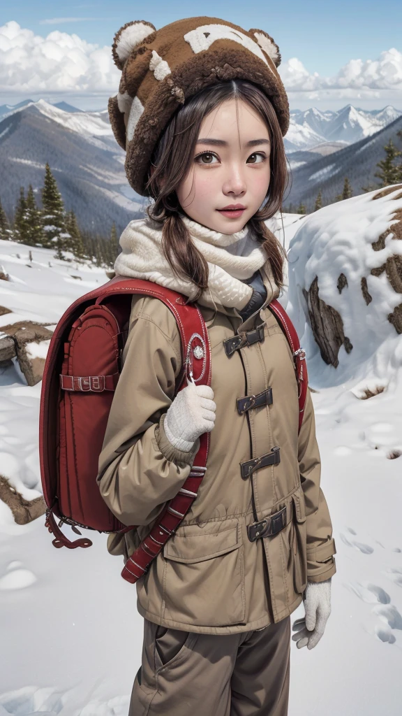 masterpiece, best quality, highres, 1girl, solo, brown hair, medium hair, brown eyes, mole under eye, cowboy shot, adventure, hiking, wearing winter headcap, wear winter jacket, thick jacket, (jacket:1.2), trousers, gloves, (trousers:1.2), outdoor, mountain, snow mountain, wearing red backpack, (backpack:1.2)