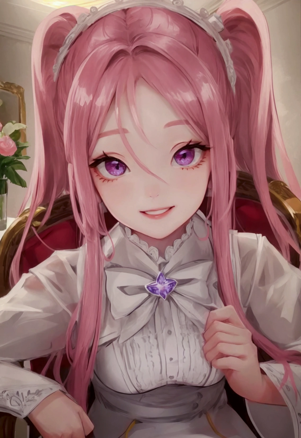 Ultra high quality Idol White Wall Living RoomLight ClothesHairPinkSexy Eyes Wink
Smiling with teeth showing A woman with a symmetrical face sitting in a chair, her face shown in close-up, her cheeks red