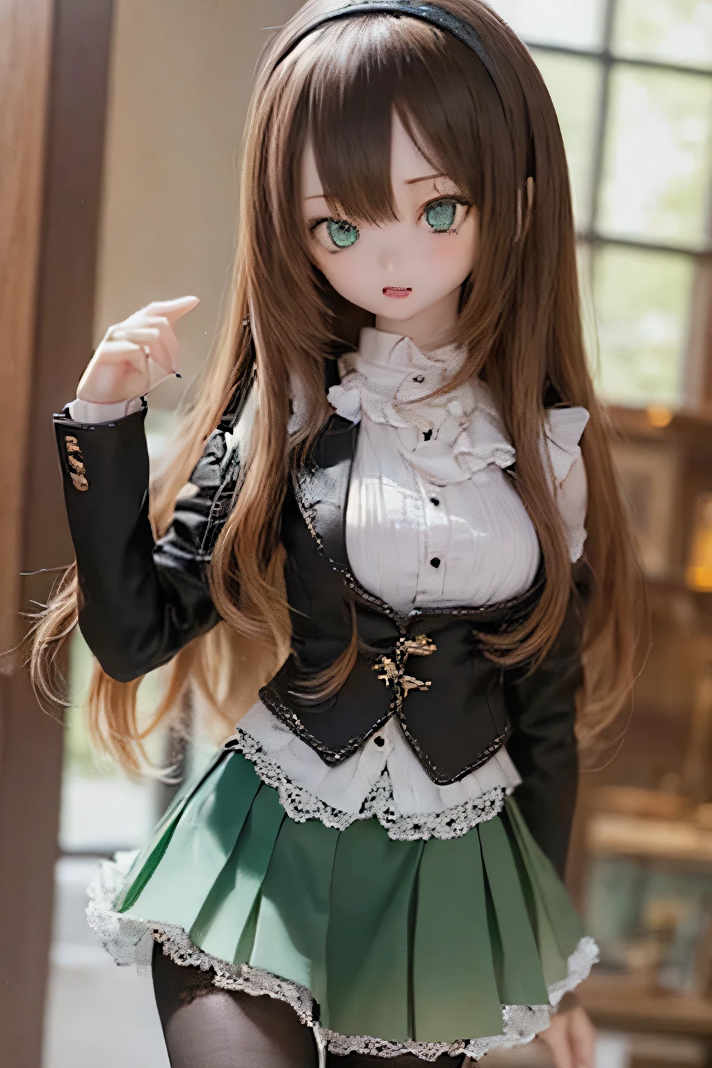 (SFW:2), photorealistic, realistic photo, 8k, ((highest quality)), ((masterpiece)), (extremely detailed), kukolnydom, doll, (mature woman, 21yo, 21 years old, solo:1.6), ((cowboy shot, stylish pose, slim, slender, skinny, medium breasts, hairband, ascot, vest, blouse, long puff sleeves, pleated skirt, black pantyhose)), (green eyes, brown hair, long hair, plastic skin, looking at another, glass eyes, gradient eyes, shining eyes, detailed eyes:1.3)
