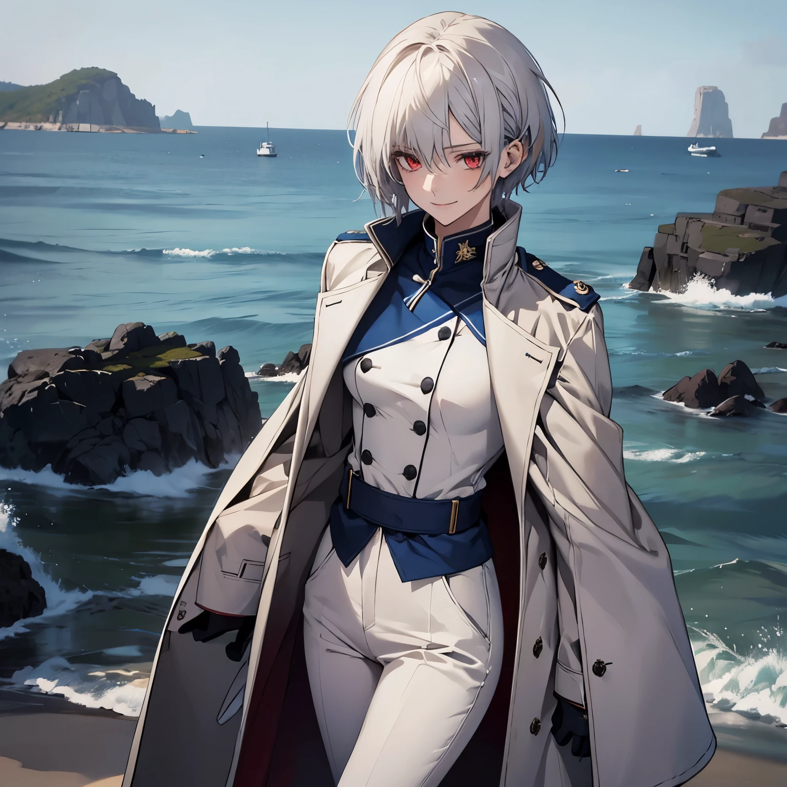 (Confused, High resolution, Very detailed), 1 female, Silver Hair,Short Hair,Bright red eyes,White and blue military uniform,24th generation,beauty,mature,thin,quiet,Calm,A small smile,A kind smile,In front of people you like,Long coat,Slender and thin,boots,skinny pants,Sea at dawn,Small breasts,