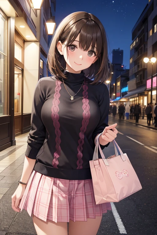 anegasaki nene、Shiny brown hair, short hair, (Beautiful brown eyes、Sparkling eyes, Fine grain)、smile、Ultra-detailed eyes、Very detailed顔, Very detailed目,


very cute and beautiful girl,(Very detailed美しい顔),
(smile),Happy,Embarrassing,View your viewers,(argyle pattern sweater),Cowboy Shot,(White and pink checkered skirt),
Standing in front of the hotel entrance in the modern capital,night,carrying a tote bag,
(Highest quality,masterpiece),Absurd,High resolution,Very detailed,Very detailed,32K,8k resolution,
Intricate details,Movie Scenes,Detailed Background,alone,Dynamic Angle,