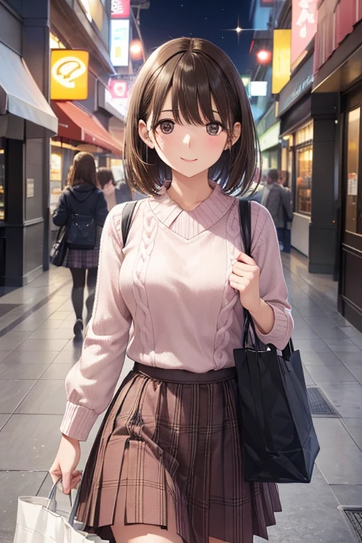 anegasaki nene、Shiny brown hair, short hair, (Beautiful brown eyes、Sparkling eyes, Fine grain)、smile、Ultra-detailed eyes、Very detailed顔, Very detailed目,


very cute and beautiful girl,(Very detailed美しい顔),
(smile),Happy,Embarrassing,View your viewers,(argyle pattern sweater),Cowboy Shot,(White and pink checkered skirt),
Standing in front of the hotel entrance in the modern capital,night,carrying a tote bag,
(Highest quality,masterpiece),Absurd,High resolution,Very detailed,Very detailed,32K,8k resolution,
Intricate details,Movie Scenes,Detailed Background,alone,Dynamic Angle,