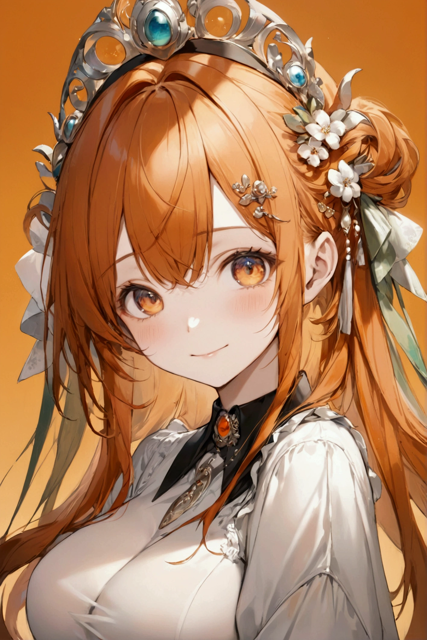 (Highest quality, 8k, 32K, masterpiece, Ultra-high resolution,:1.2),to be born, One Girl,So cute , hair ornaments, eye, Multicolored Hair,Upper Body, Orange hair, collar, Orange Fantasy Background, clear, 輝くeye, Age 25 ,Fair skin, Girl with orange hair, Long Hair, An innocent smile, Large Breasts