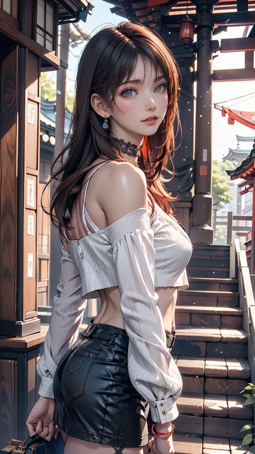 24-year-old female、Red hair、long hair、blue eyes、Two Side Up((hair two side up))、Off-the-shoulder tops、I can see my belly button、Low-rise miniskirt、Lace-up sandals、Lace-embellished choker、Xin Haicheng、「Your Name。」、Located in Yotsuya, Tokyo「Suga Shrine」、The view when looking back from the top of the stairs