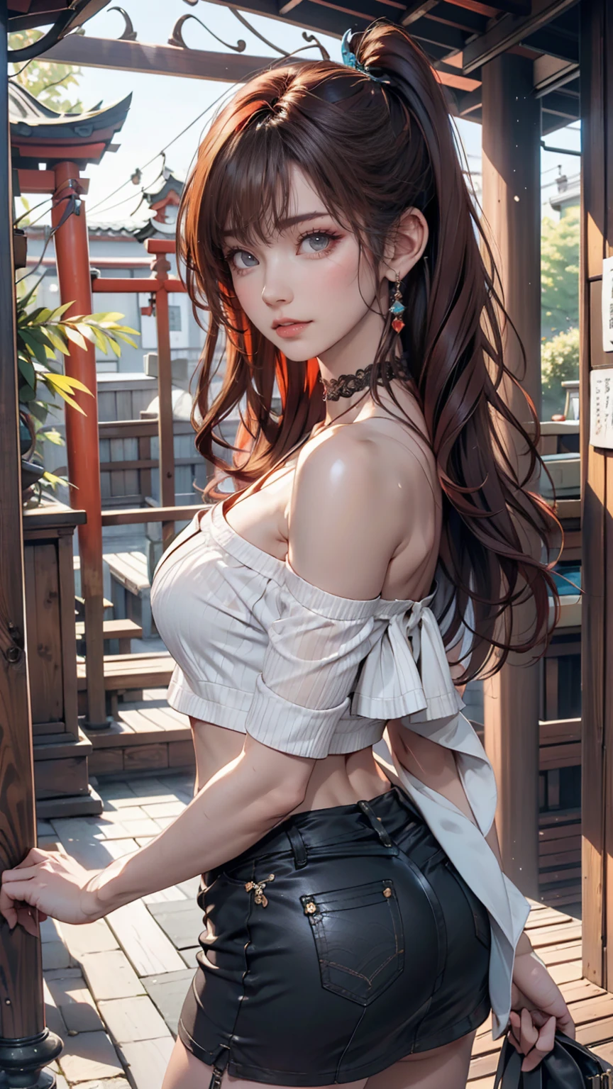 24-year-old female、Red hair、long hair、blue eyes、Two Side Up((hair two side up))、Off-the-shoulder tops、I can see my belly button、Low-rise miniskirt、Lace-up sandals、Lace-embellished choker、Xin Haicheng、「Your Name。」、Located in Yotsuya, Tokyo「Suga Shrine」、The view when looking back from the top of the stairs
