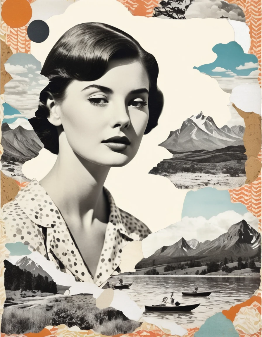 Vintage paper collage with landscape and WOMAN model emotional Impact retro style , PATTERN , TEXTURES ,White (#F1F3FFFF), Light Pink (#F7CED7FF), Pink (#F99FC9FF) and Dark Pink (#EF6079FF) COLORS