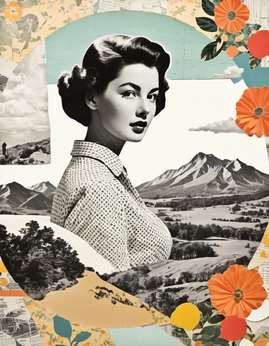 Vintage paper collage with landscape and WOMAN model emotional Impact retro style , PATTERN , TEXTURES ,White (#F1F3FFFF), Light Pink (#F7CED7FF), Pink (#F99FC9FF) and Dark Pink (#EF6079FF) COLORS