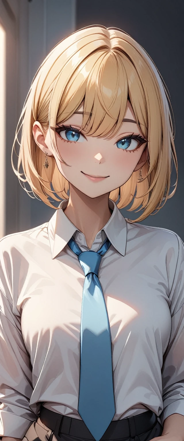 (masterpiece, Highest quality, でvery aesthetic, Super detailed), Intricate details,
One girl, Blonde, Red gradient, Bobcut, Turquoise Eyes, Collared shirt, White shirt, Light blue tie, smile, looking at viewer, Upper Body,