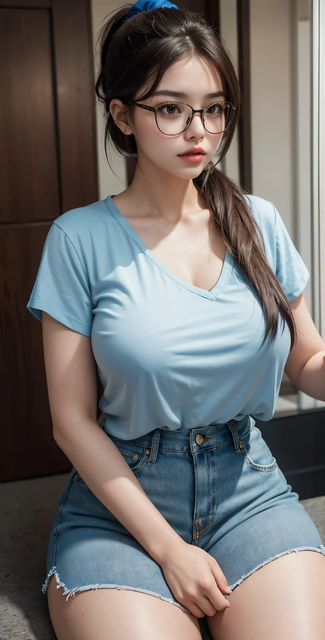 A gorgeous and distant girl,having a ponytail,wearing casual shirt and hot pants,thick thighs,fleshy thighs,revealing her thighs,big natural breasts,huge round breasts,busty young girl,supermodel figure,perfect body,,wearing glasses,sitting on the podium