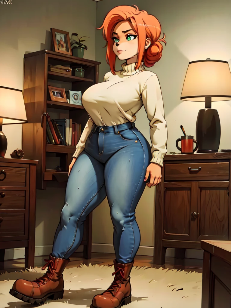 anthro bandicoot girl redhead, braided hair, beautiful green eyes, sexy relaxing moment, sexy ,seductive, warm sweater, camouflage pants, army boots, smirking, cozy lighting, vibrant colors , 