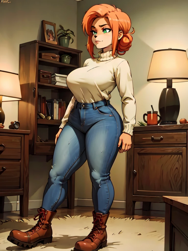 anthro bandicoot girl redhead, braided hair, beautiful green eyes, sexy relaxing moment, sexy ,seductive, warm sweater, camouflage pants, army boots, smirking, cozy lighting, vibrant colors , 