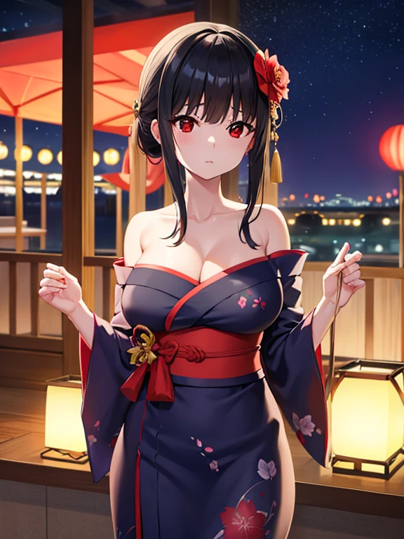 Photographed at a night festival,Show the whole body,Show your whole body,One Woman,Yor Forger,Yorubriarata, bangs, (Red eyes:1.5), Black Hair,Medium Hair,Let the hair hang down on the sides, Flower Hair Ornaments,Big Breasts,Cleavage,Cleavageを見せる,yukata,花柄のyukata,Show the whole body