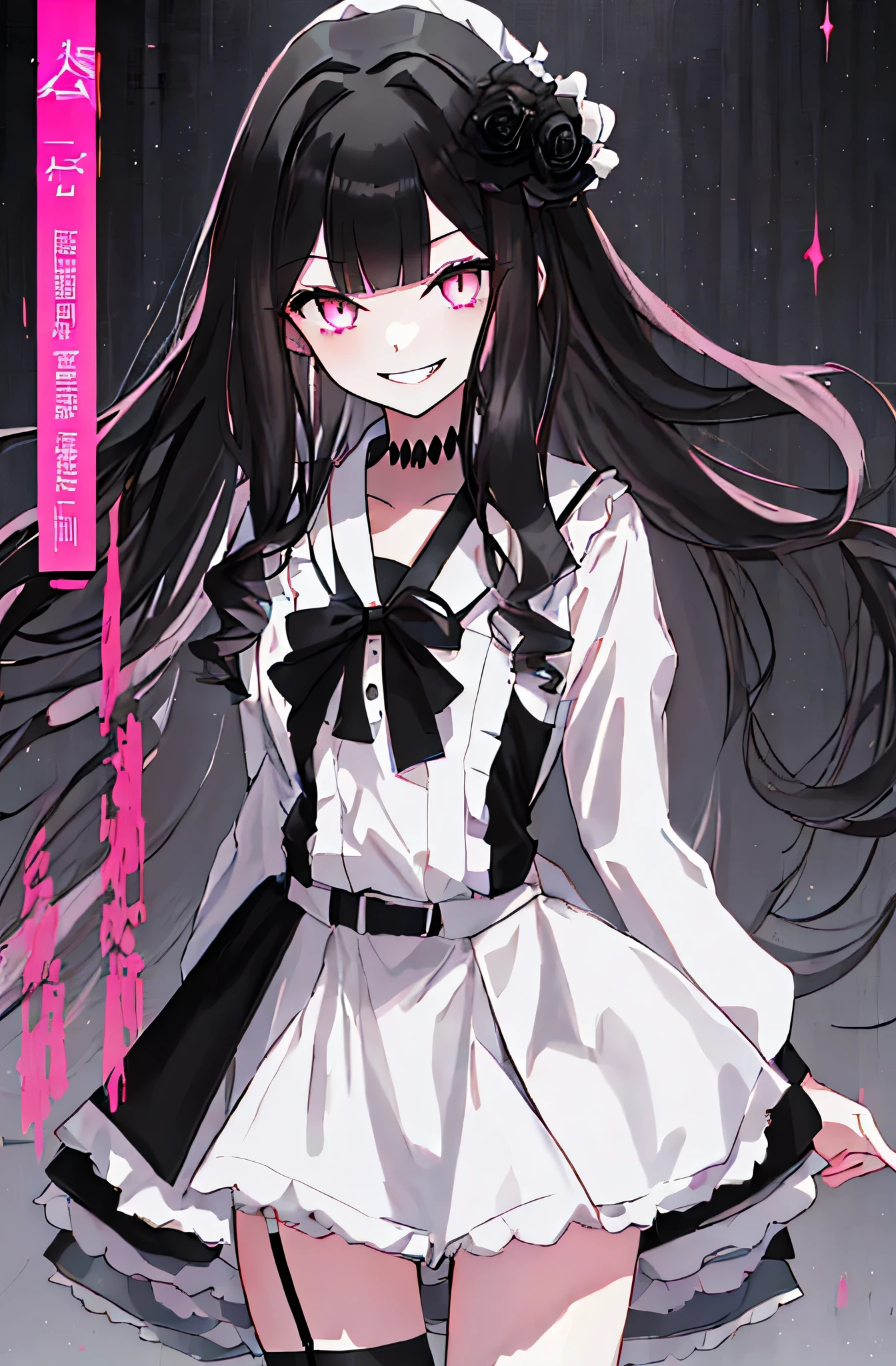 (solo), (girl),(((adult))), (pink eyes),(black long hair),(blunt bangs),(+perfect hand+:1.21),(Draw an illustration of cute girl),(slender),white skin,(white and black maid clothes),laugh,smile,((((adult)))),standing , black and white clothes,((black long hair)),((black long hair)),((black long hair)),((black long hair)),((dynamic angle)),(dynamic pose), hall,evil smile,(upper body),