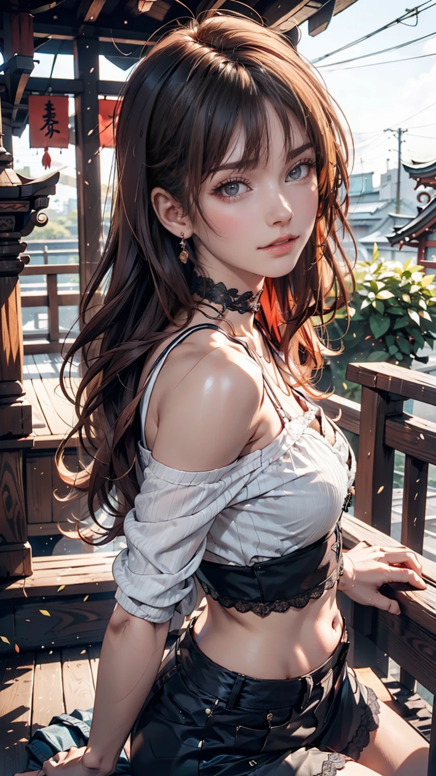24-year-old female、Red hair、long hair、blue eyes、Two Side Up((hair two side up))、Off-the-shoulder tops、I can see my belly button、Low-rise miniskirt、Lace-up sandals、Lace-embellished choker、Xin Haicheng、「Your Name。」、Located in Yotsuya, Tokyo「Suga Shrine」、The view when looking back from the top of the stairs