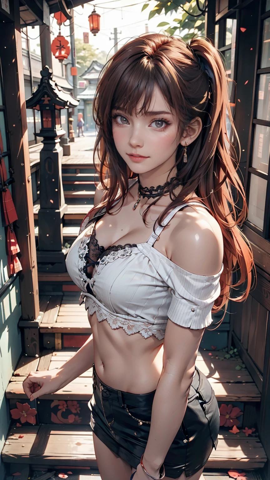 24-year-old female、Red hair、long hair、blue eyes、Two Side Up((hair two side up))、Off-the-shoulder tops、I can see my belly button、Low-rise miniskirt、Lace-up sandals、Lace-embellished choker、Xin Haicheng、「Your Name。」、Located in Yotsuya, Tokyo「Suga Shrine」、The view when looking back from the top of the stairs