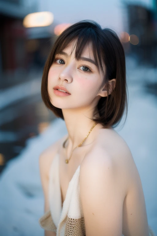 Get on all foursh, naked, Young people,One girl,View your viewers, whole body,jewelry, necklace, Realistic, Brown Hair, Blurred background, Blurred,bangs, Dark eyes Dynamic pose Warm sun,winter,snow,