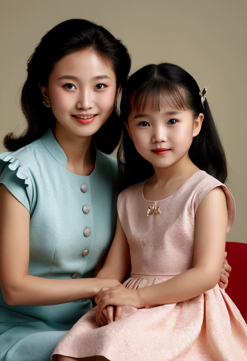 Retro Photography, ( masterpiece, Top quality, best quality,8K,Extremely detailed,RAW photos:1.5),(Reality:1.4), (light), Surrealism, Ultra HD, precise, Super Detail, Textured Skin, High Detail, best quality, Dynamic Angle, fashion magazine，Vintage photo of a 6-year-old Chinese girl and her mother in the 1980s，Yellowing of photos，A sense of age。Photo showing，Girl and mother standing or sitting，Smiling at the camera，The background may be indoors or in a park。Soft natural or indoor light illuminates her face，Create a warm and nostalgic atmosphere。She and her mother wore 1980s-style clothing，It could be a dress or a shirt and skirt，The hairstyle was in line with the fashion trends of the time.，Shot with the effect of an old camera